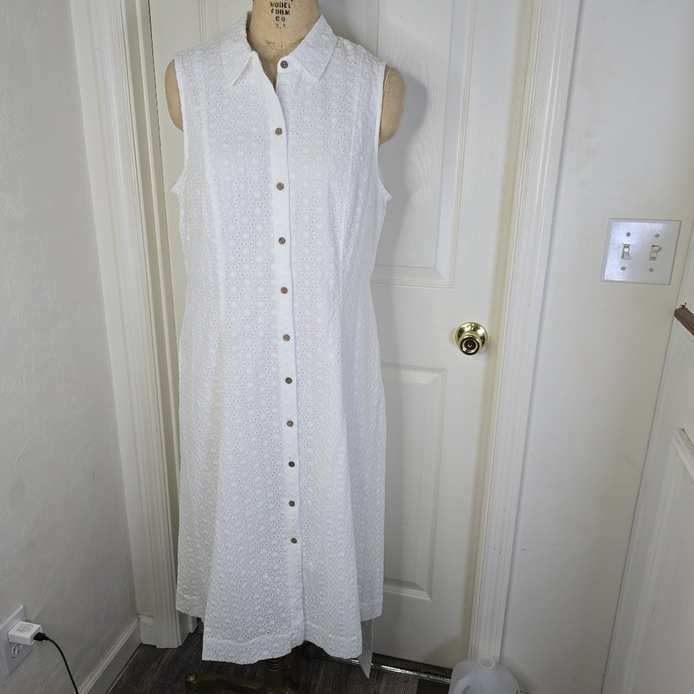 White Sleeveless‎ Anne Klein Eyelet Button-Down Dress Belt Womens 16